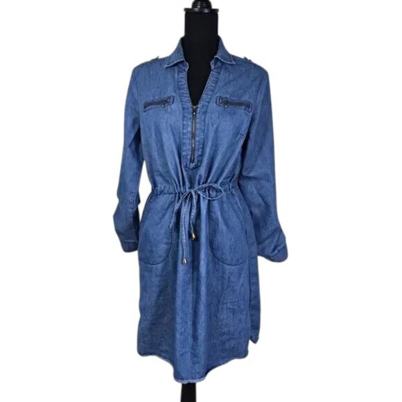 Eighty Eight Chambray Shirt Dress Women’s M Blue Denim Zip Drawstring Casual - Picture 2 of 16
